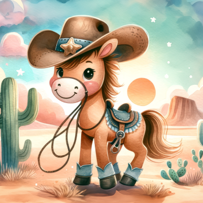 Desenho animado de cavalo com chapéu de cowboy num deserto com cactos e flores