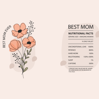 Desenho de flores cor de pêssego e verde com texto 'BEST MOM EVER' e tabela 'NUTRITIONAL FACTS' para 'BEST MOM' num fundo rosa claro