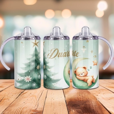 Três biberões para bebé com desenhos natalícios e o nome Duarte