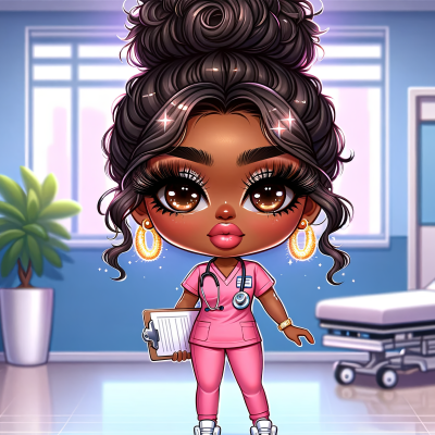 Boneca médica digital com uniforme rosa e estetoscópio em ambiente hospitalar