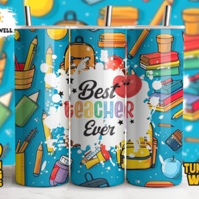 Copos térmicos com design escolar colorido e texto 'Best Teacher Ever'