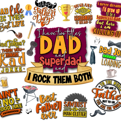 Citações gráficas coloridas e elementos relacionados ao Dia do Pai sobre fundo branco