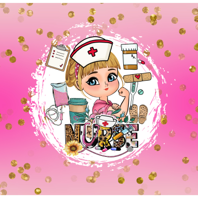Desenho de enfermeira com elementos médicos e texto NURSE em fundo rosa com bolinhas douradas.