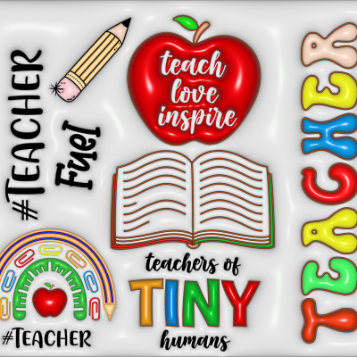 Elementos gráficos escolares com textos motivacionais e decorativos relacionados a professores.