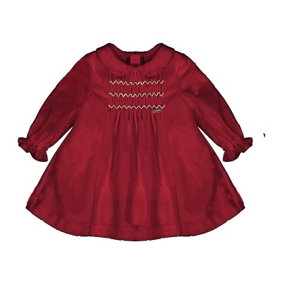 Vestido vermelho de criança com gola redonda e costuras decorativas brancas no peito