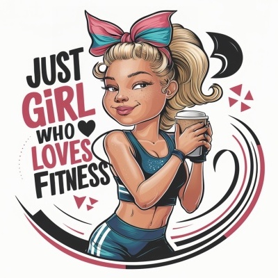 Ilustração colorida de rapariga atlética segurando café com texto 'JUST GIRL WHO LOVES FITNESS'.