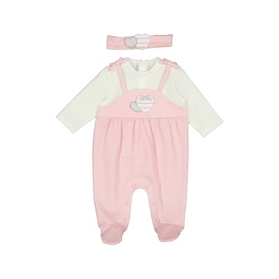 Conjunto de bebé rosa com padrão de pontos brancos, camisa branca de manga comprida e faixa para cabelo rosa com coração