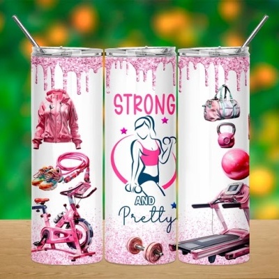 Garrafa metálica temática fitness com imagens de equipamentos de exercício e texto STRONG AND Pretty