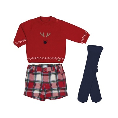 Conjunto de roupa de bebé com camisola vermelha de rena, calções aos quadrados e meias azuis escuras