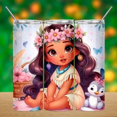 Copos metálicos com ilustração de criança e pinguim em fundo floral