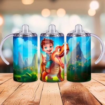 Copos infantis de plástico com tampa e desenho colorido de menino e dinossauro