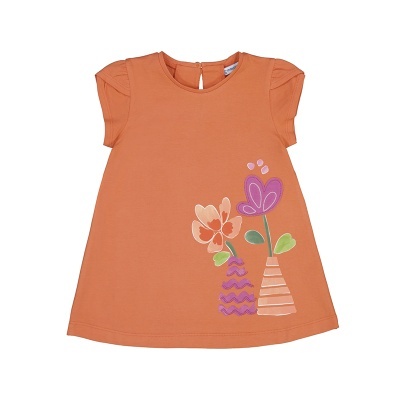 Vestido infantil terracota com estampado de flores coloridas
