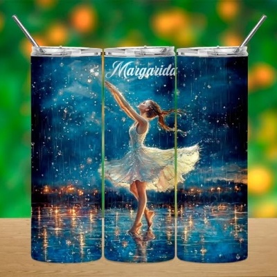 três copos metálicos com imagem contínua de mulher dançando e texto 'Margarida'