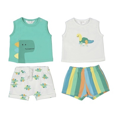 Conjunto bebês com t-shirts de dinossauro e calções estampados em diferentes cores