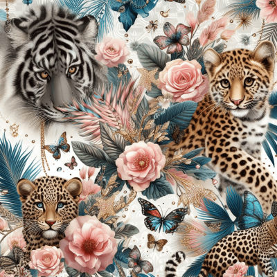 Padrão decorativo com tigres, leopardo, flores rosa, folhas verde azulado e borboletas