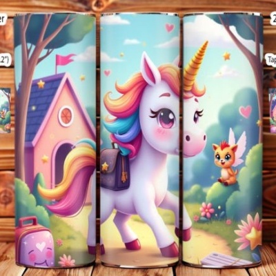 Copos térmicos coloridos com desenhos de unicórnios e cenário de floresta