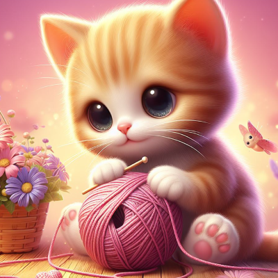 Gatinho laranja com novelo de lã cor de rosa, cesta de flores e borboletas em fundo rosa