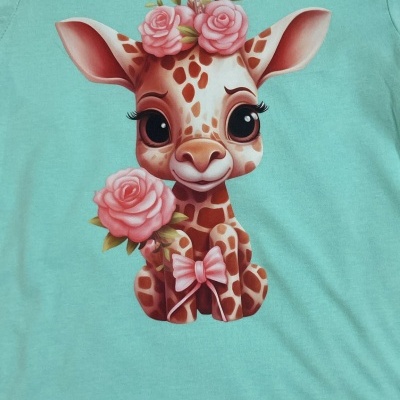 T-shirt verde água com girafa bebé e flores cor-de-rosa