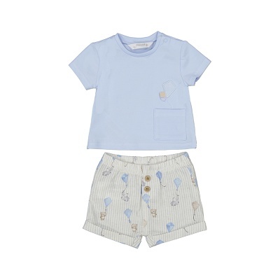 Conjunto infantil com t-shirt azul clara e calções estampados com balões