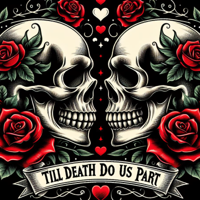 Dois crânios de perfil com rosas vermelhas e o texto TILL DEATH DO US PART