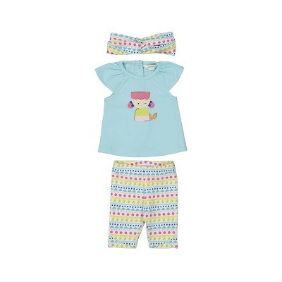 Conjunto roupa bebé com t-shirt azul clara, leggings às riscas multicoloridas e faixa para a cabeça combinando.