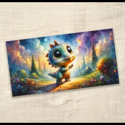 Impressão artística colorida de dinossauro fofo numa floresta mágica sobre fundo de madeira clara