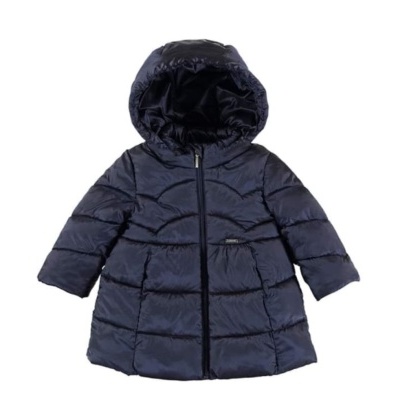 Casaco infantil azul escuro acolchoado com capuz e fecho de correr