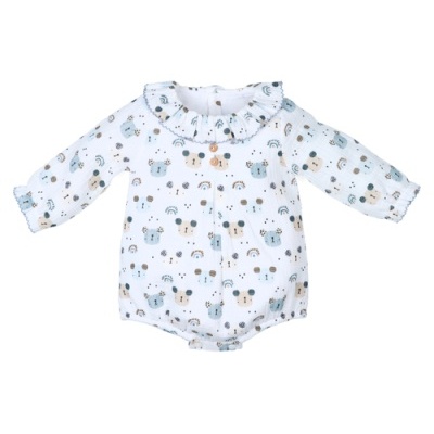 Macacão de bebé branco com padrão de ursos e gola rodada com folhos
