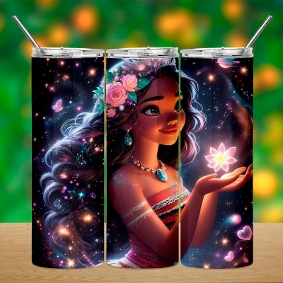 Copos metálicos decorados com ilustração de mulher e flores com fundo estrelado
