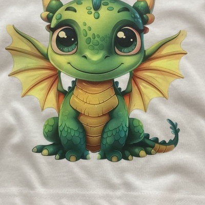 T-shirt branca com estampa de dragão verde com asas amarelas.