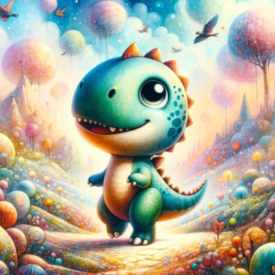 Dinossauro verde adorável em cenário fantástico colorido com árvores e plantas pastel