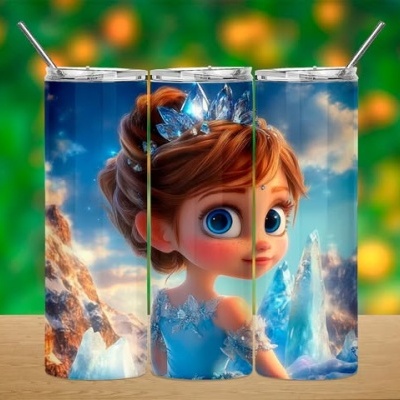 Garrafa metálica com personagem animada feminina em cenário montanhoso