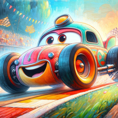 Carro de corrida animado vermelho e branco numa pista de corrida com público e luzes.