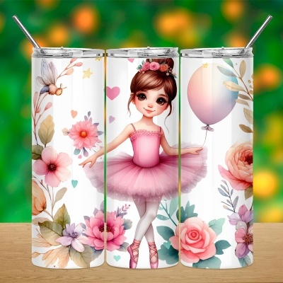 Copos de aço inoxidável com desenhos de bailarina e flores.