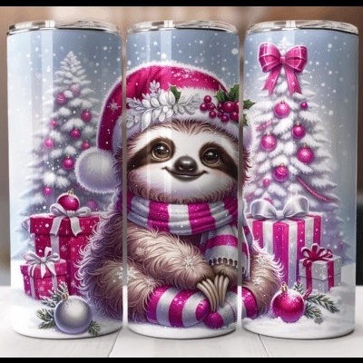 Três latas decoradas com tatu dorminhoco e decoração de Natal cor-de-rosa