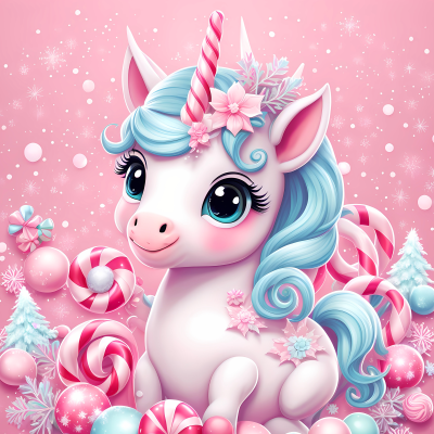 Unicórnio branco com crina azul clara e chifre rosa rodeado por doces rosas