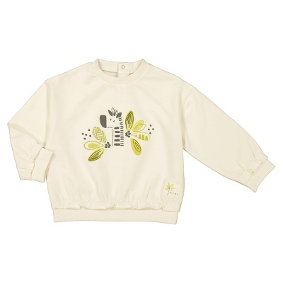 Camisola creme para criança com estampado de zebra e folhas amarelas e cinza.