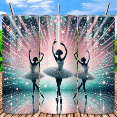 Conjunto de quatro copos metalizados com imagens de bailarinas e fundo brilhante