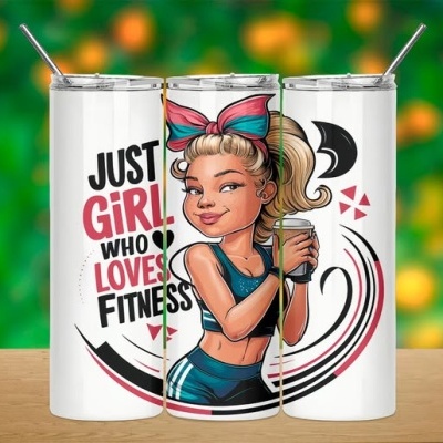 Garrafa metálica branca com ilustração de rapariga e texto de fitness