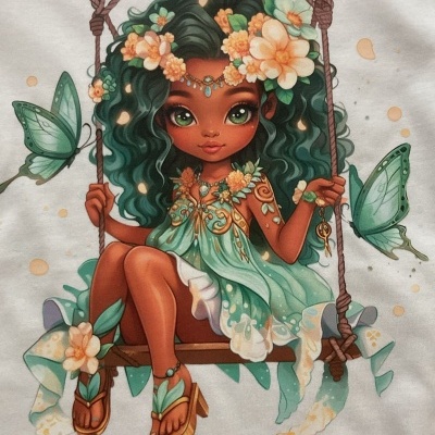 Camisola branca com desenho de personagem feminina num baloiço e borboletas verdes