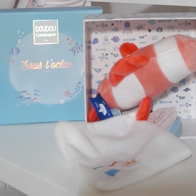 Peluches de peixe laranja e branco com caixa azul e pano branco com estampado