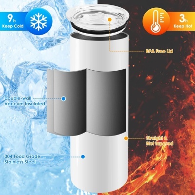 Garrafa térmica branca com tampa transparente destacando isolamento e características térmicas