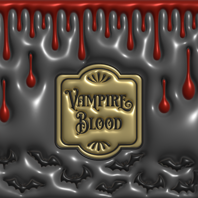 Fundo cinzento metalizado com gotas vermelhas, texto VAMPIRE BLOOD dourado, e sombras de morcegos
