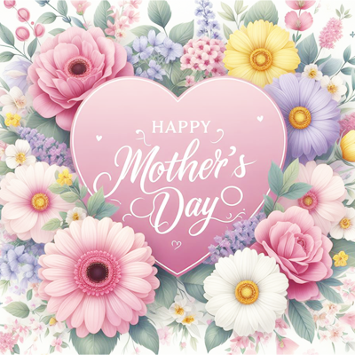 Cartão de Dia da Mãe com flores coloridas em volta
