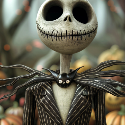 Figura decorativa com cabeça esférica branca com olhos e nariz ocos, boca riscada, fato riscado e gravata borboleta preta com padrão de aranha