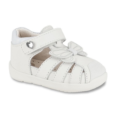 Sandália branca para bebé com borboleta e fecho de velcro