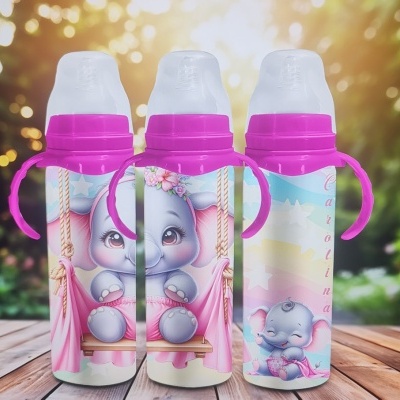 Biberões lilás com desenho de elefante cinzento em fundo colorido