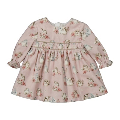 Vestido rosa para bebé com padrão de coelhinhos e flores e mangas compridas