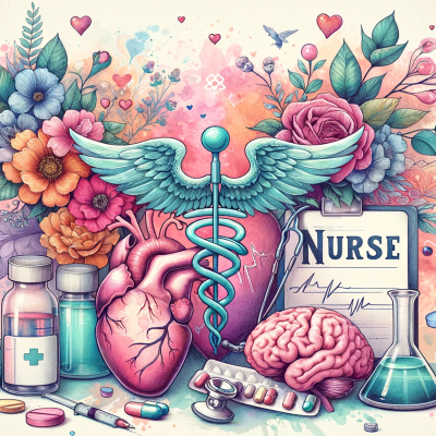Arte digital com símbolos médicos e elementos naturais coloridos, incluindo coração, cérebro, caduceu, medicamentos e flores