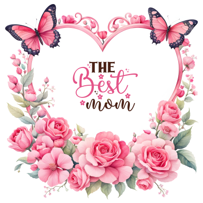 Coração decorativo de flores e borboletas com texto 'THE Best mom'